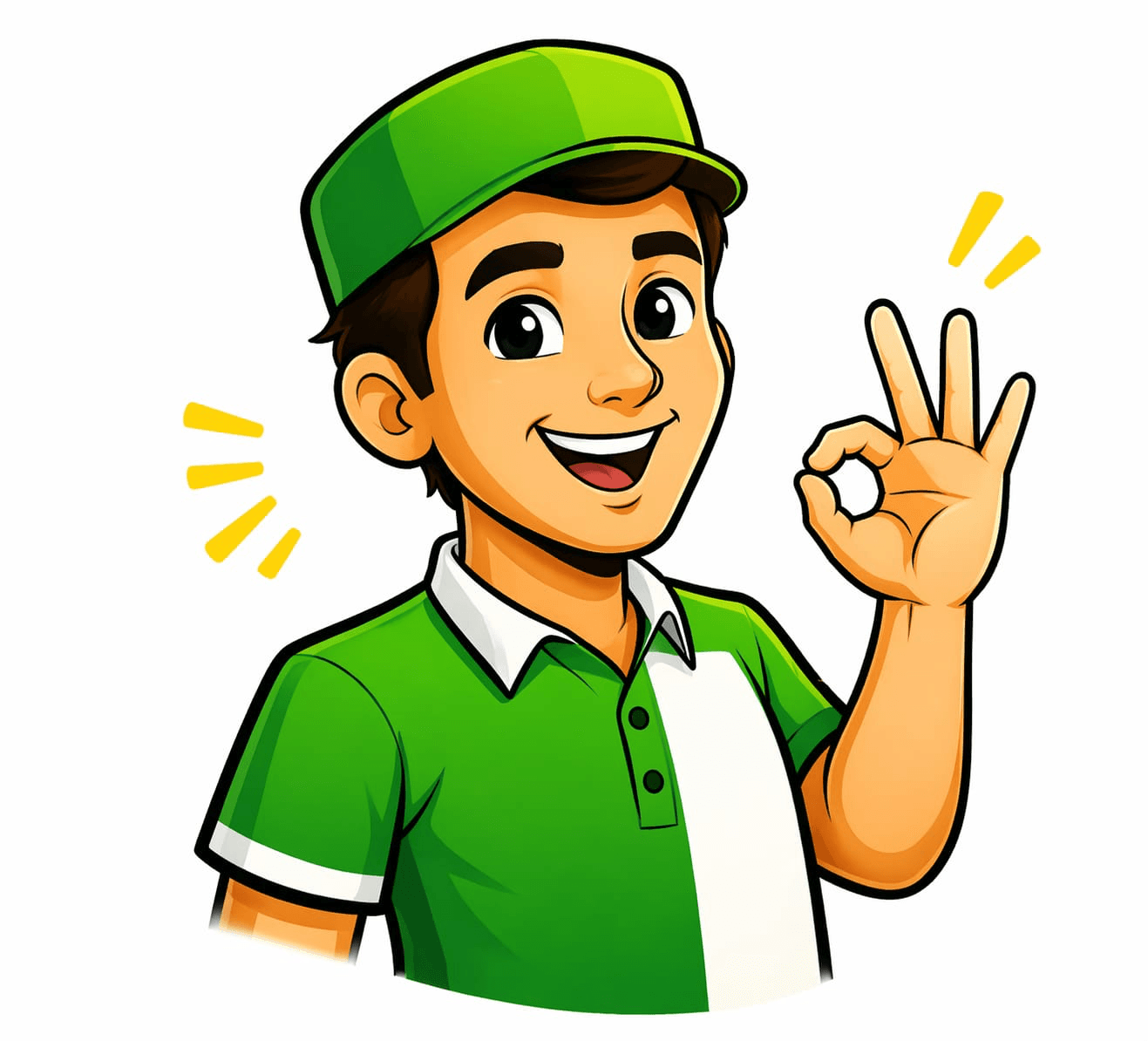 Character in green making OK sign